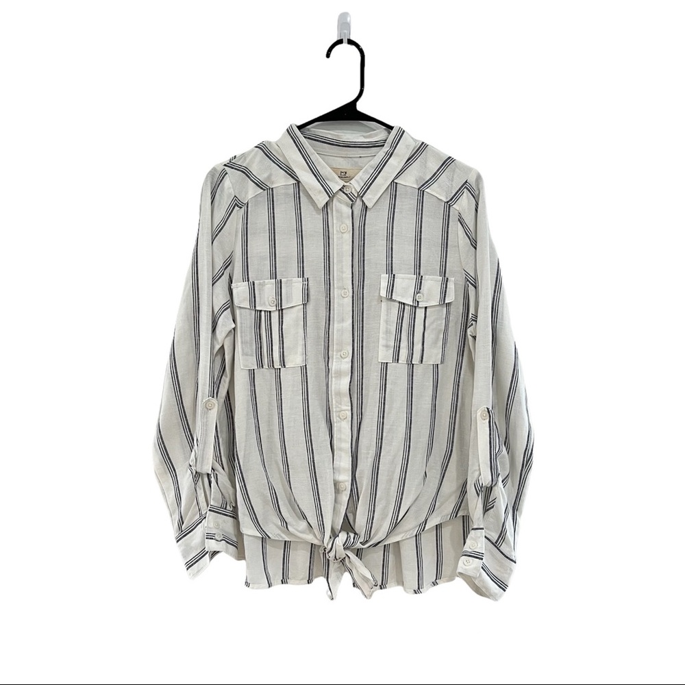 Thread & Supply Striped Tie Front Long Sleeve Button Down Pocket Shirt